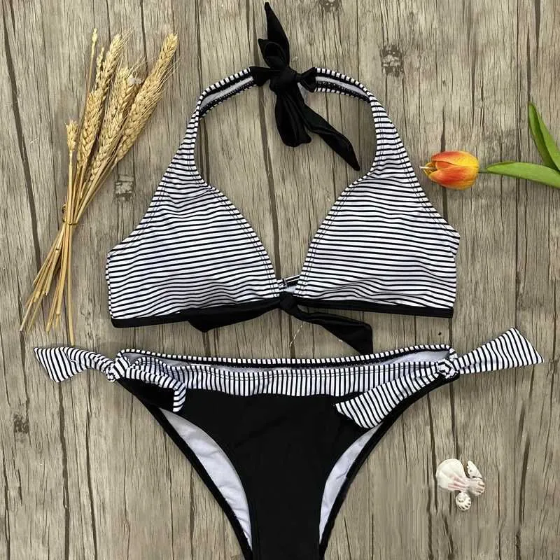 Swim Wear 2024 New Set Micro Striped Bikini Two Piece Swimsuit Patchwork Bandage Bikini Push Up Sexy Swimsuit Women Baddräkter Biquini S Aquatic Sports 240311