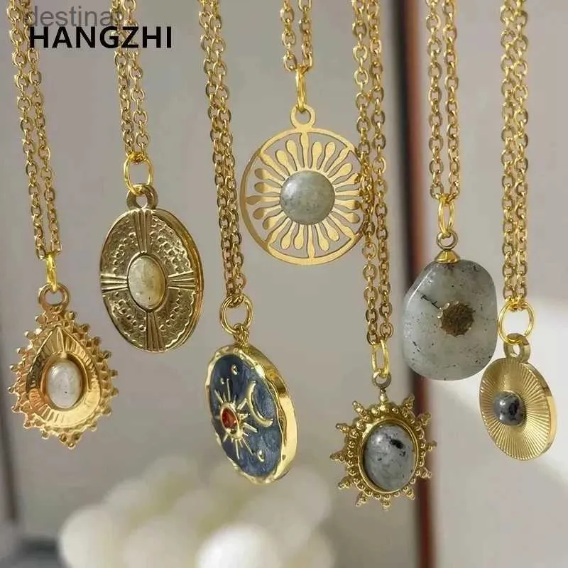 Pendant Necklaces HangZhi 2022 New Gray Enamel Round Star Sun Charm Natural Stones Pendants Necklace Stainless Steel Clavicle Chain JewelryL242313