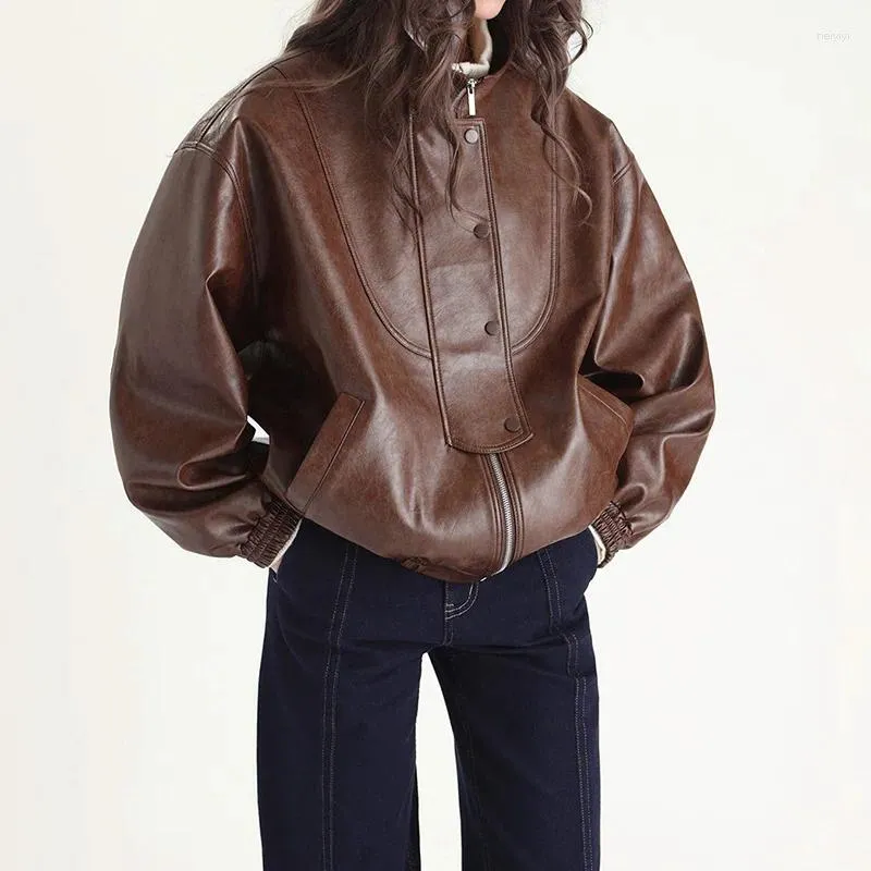 Women's Leather 2024 Lady's Genuine Jacket Oil Wax Cow Coat Women Stand Collar Streetwear TF5281