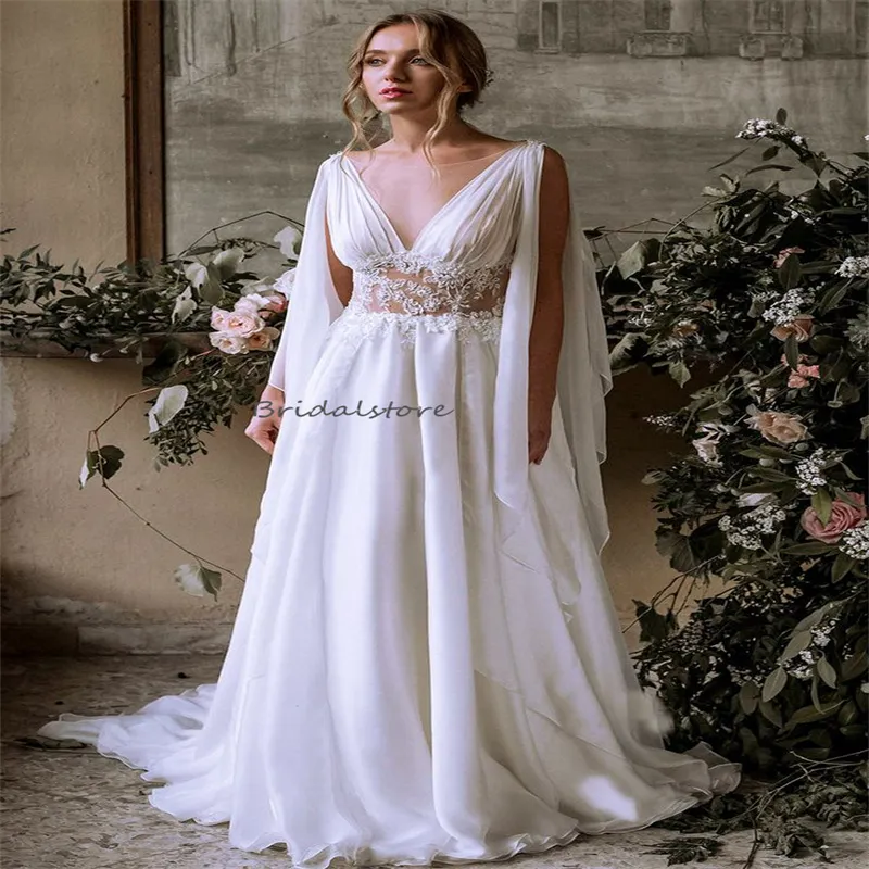 Fée celtique Boho robe de mariée avec mancherons sexy col transparent dos nu en mousseline de soie plage robe de mariée dentelle fantaisiste Gatsby Robe De mariée De Mariee 2024 robes De Novia