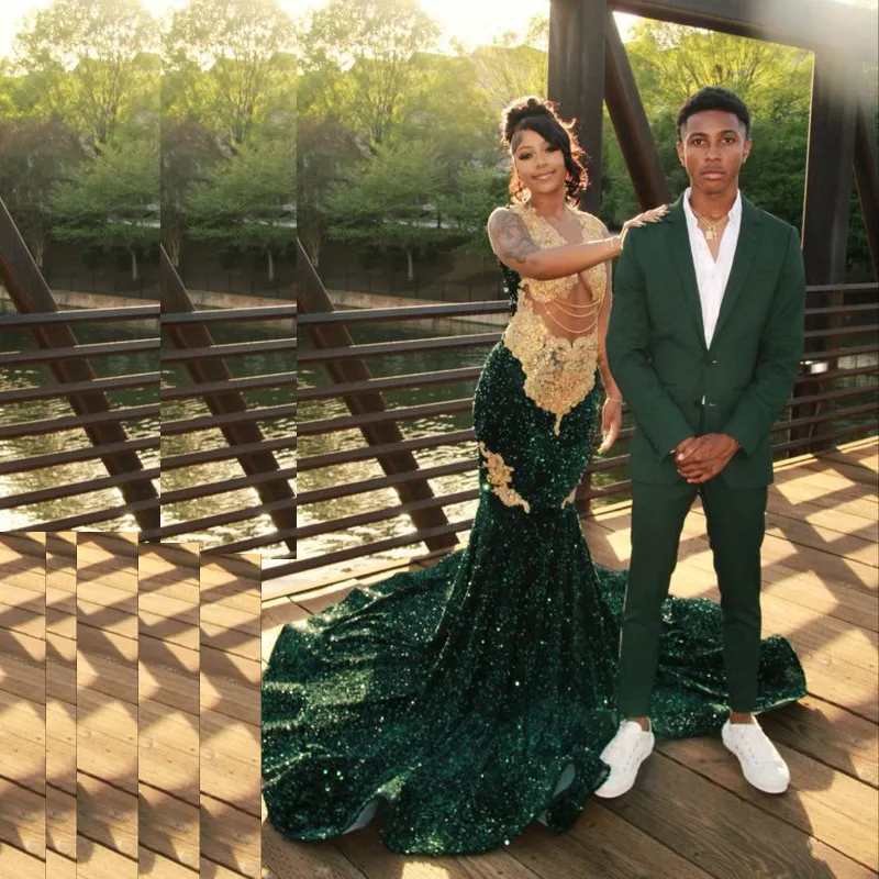 Charming Dark Green Sequin Prom Evening Dresses for Women Golden Lace Appliques Beads Velvet Graduation Party Gowns