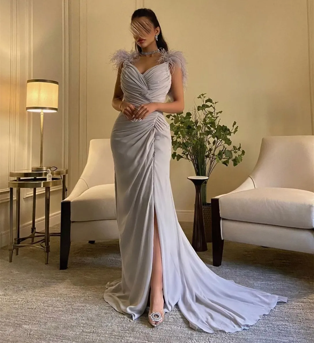 Save Big on Bulk Long Chiffon Prom Dresses Elegant Chiffon Evening Dress  Long Gray Sleeveless Formal Gown With Slit Feathers Best Deals on DHgate
