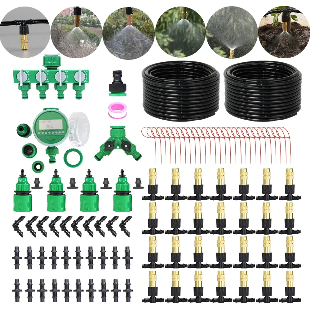 Kits MUCIAKIE 50M5M Tuin Micro Verneveling Irrigatie Koelsysteem Automatische Timer Patio Mist Messing Mondstuk Verstelbare Spray Kits