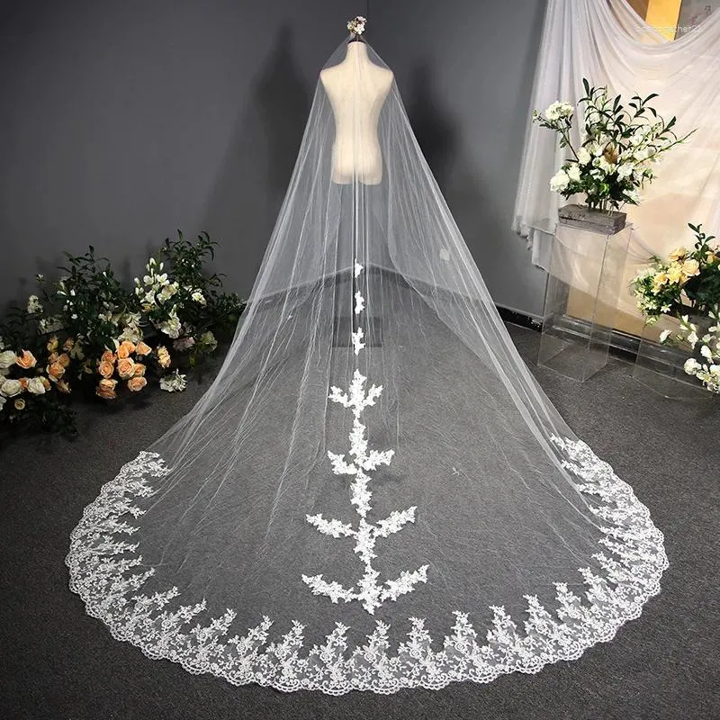 Bridal Veils Weselna Veil 2024 Prawdziwe POS Długie aplikacje koronkowe krawędź 3,8 metra katedra boda velos de novia