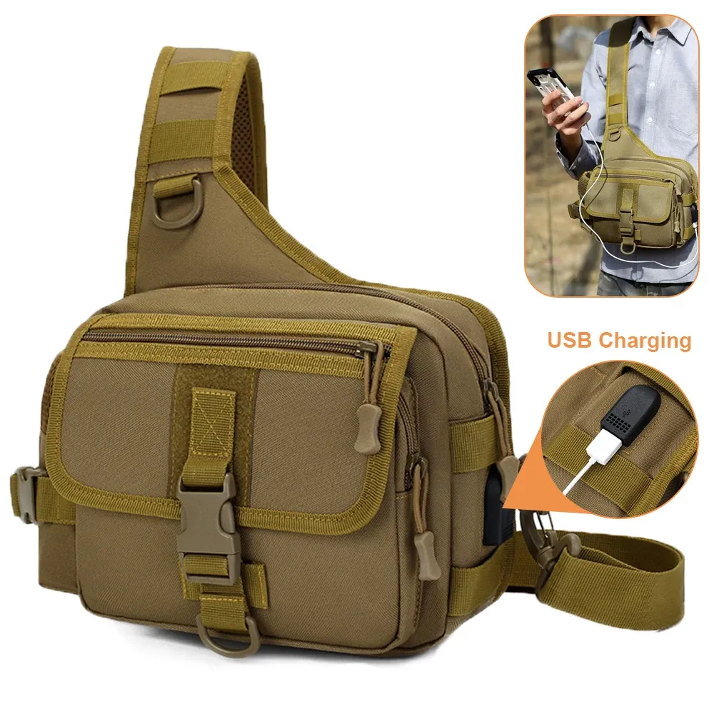 가방 USB 충전 전술 어깨 가방 다기능 슬링 낚시 태클 가방 허리 팩 생선 루어 가방 야외 사냥 팩