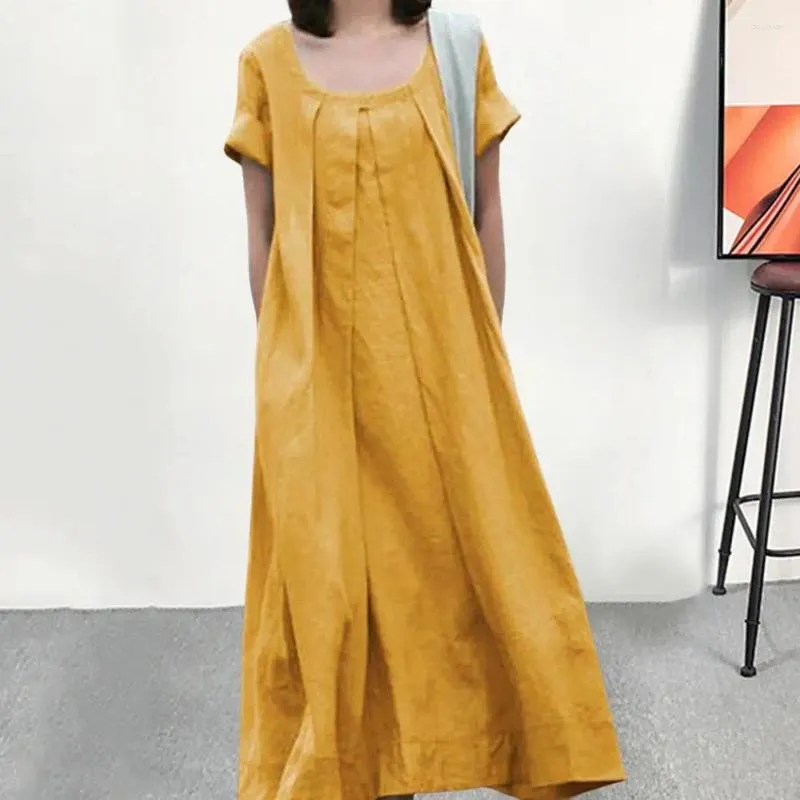 Casual Dresses Women Long Dress Elegant A-line Midi For With Round Neck Short Sleeves Soft Breathable Fabric Pleated Big Ladies