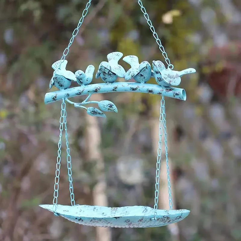 Baths Retro Hanging Iron Bird Feeder Bath With Leaves Branch Design In Antique Blue Green Colors Home Garden Decor Animal Figurines