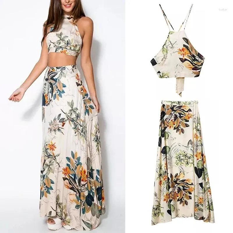 Tvådelad klänning 2 kläder för kvinnors sommarblommor strandskörd och sidoslits kjol