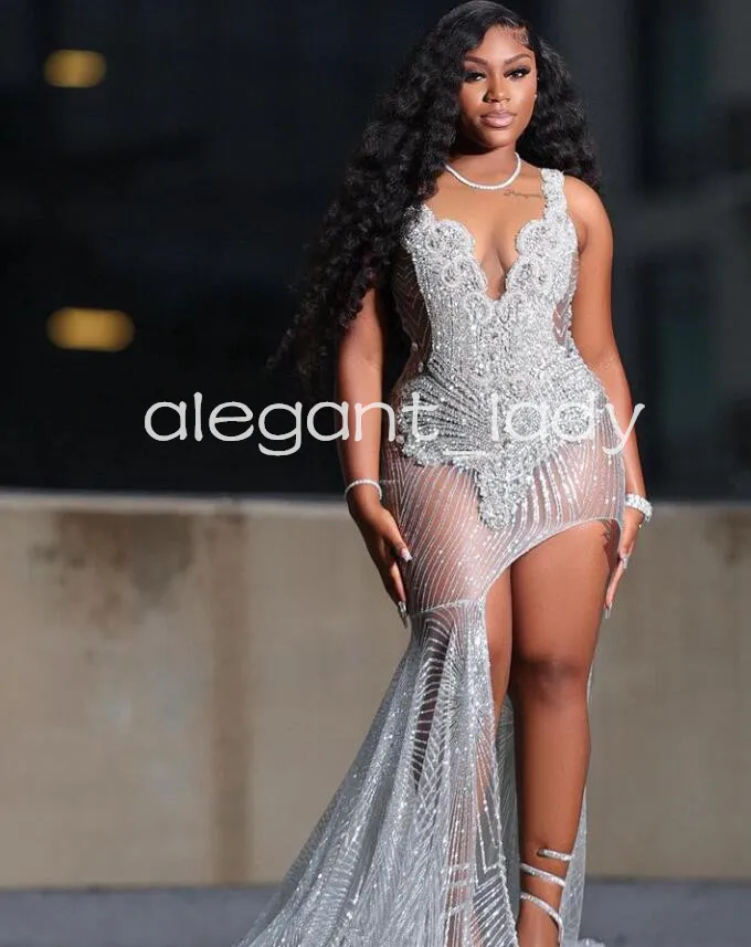 Silver Diamond Ivy Long Evening Formal Dresses For Black Girl 2024 Sparkly See Through Crystal Prom Gown Vestidos Para Mujer
