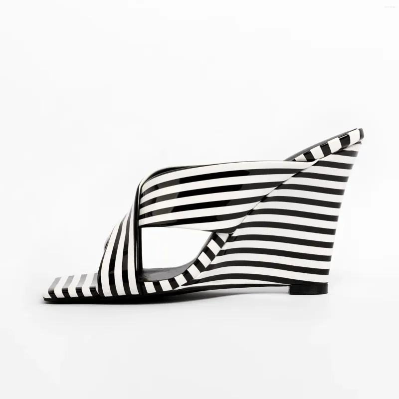 Slippers Square Peep Toe Slope High Heel Striped Design Saltos Alto Femininos Concise FringeWedges Outdoors