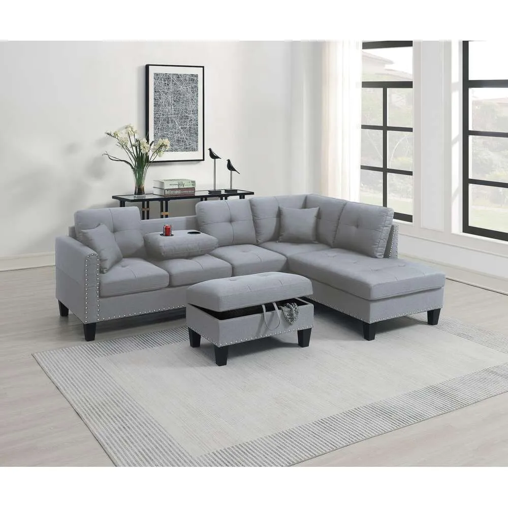 Living Room Furniture 3-PCS Sectional Set LAF Sofa RAF Chaise and Storage Ottoman Cup Holder Taupe Grey Color Linen-like Fabric Couch