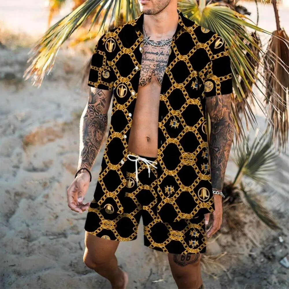 Vår/sommar ny herrstrand korta ärmskjortor shorts hawaiian blommig skjorta set slitage