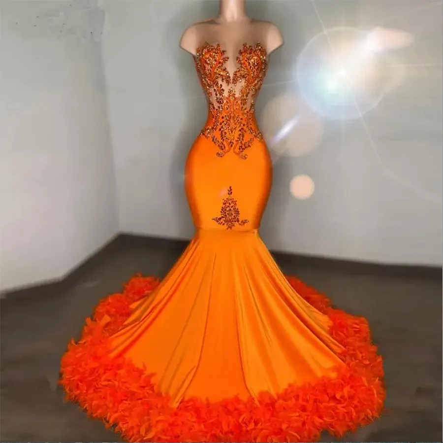 Orange Federn Meerjungfrau Ballkleider 2024 Kristall Perlen Gillter Afrikanische Mädchen schiere O-Ausschnitt Partykleider Langes Aso Ebi Abendkleid