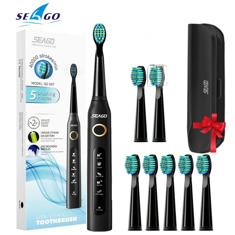 Seago Sonic Electric Toothbrush SG-507 for Adult Timer Brush 5 Modes Micro USB Rechargeable Tooth Brush Replacement Heads Set 240301