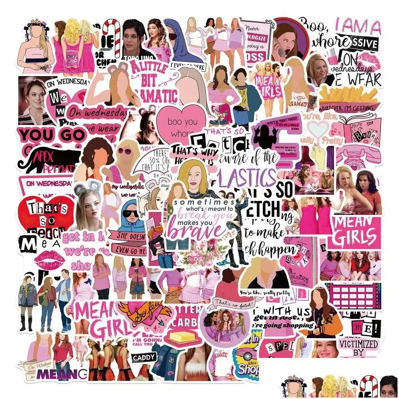 カーステッカー50PCSアメリカンクラシック映画「Mean Girls Cute Pink Iti Kids Toy Skateboard Motelcycle Sticker Decals Droped Ott1n」