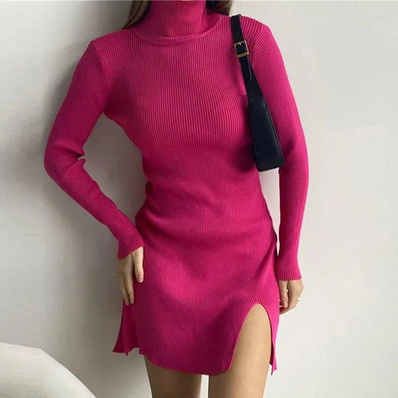 Casual Dresses Turtleneck Sweater Dress Women Streetwear Knitted Long Sleeve Split Mini 2024 Autumn Winter Knitwear Sexy Green