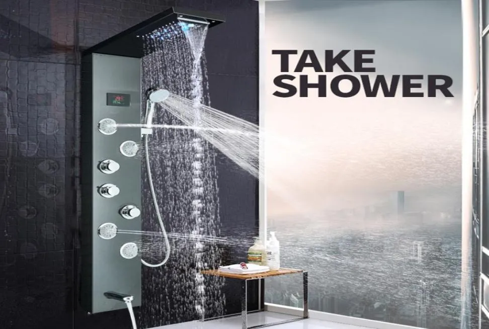 Retail and Whole Chrome Led light Dual Handle Shower Mixer Set Wall Mounted Stainless Steel Rainfall waterfall Shower Head6261854