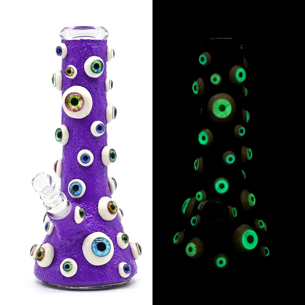 10in,Glass Bong With Cute Evil Eyes,Evil Eyes With Glow In Dark,Monster Bong,Borosilicate Glass Water Pipe,Glass Hookah,Hand Painted,Polymer Clay Glass Smoking Item