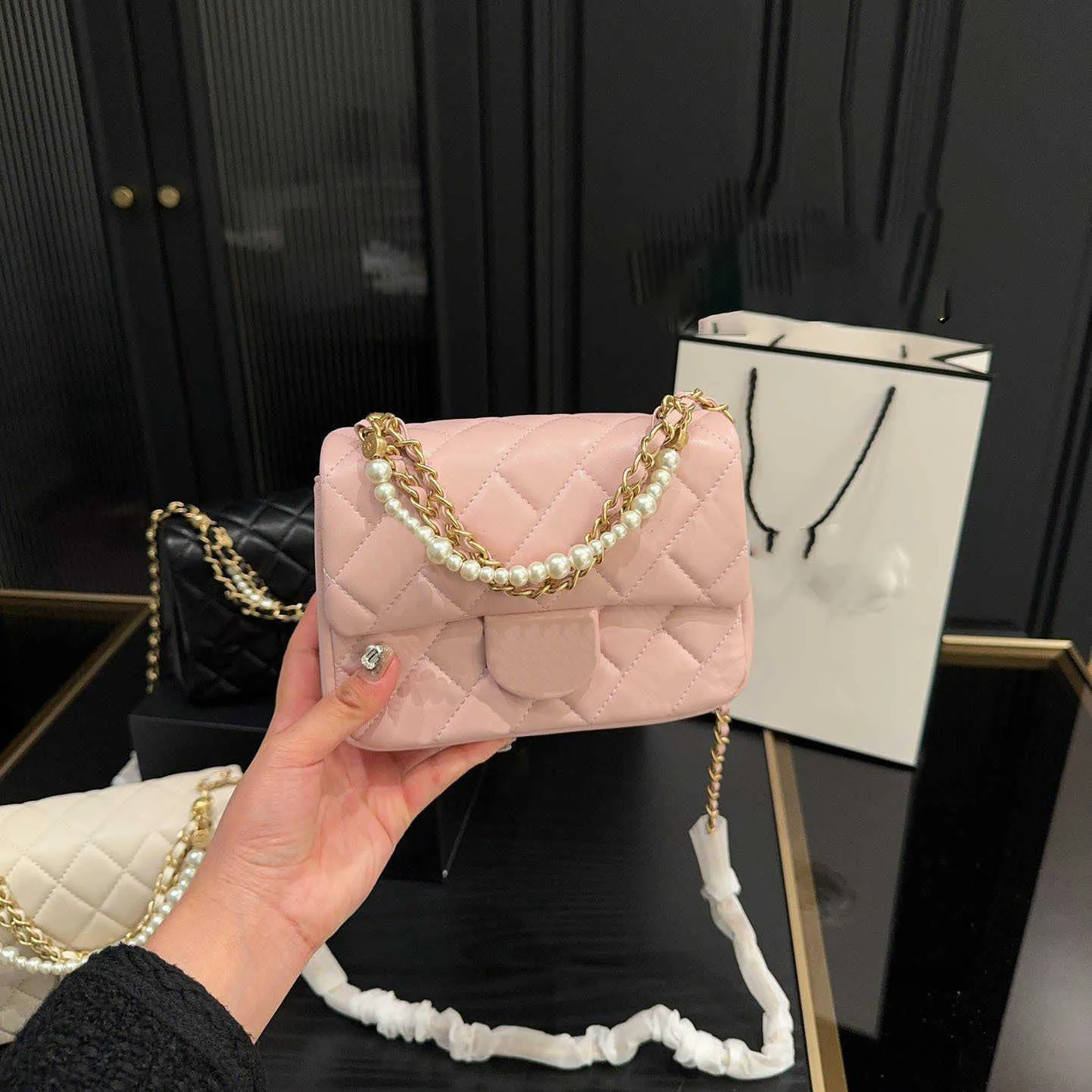 24P Designer Bag Flip Bag 7A Topkwaliteit Lady Pearl Clutch Bags Keten Crossbody Tas Echt lederen schoudertas Mode Avondtasje Portemonnee 240315