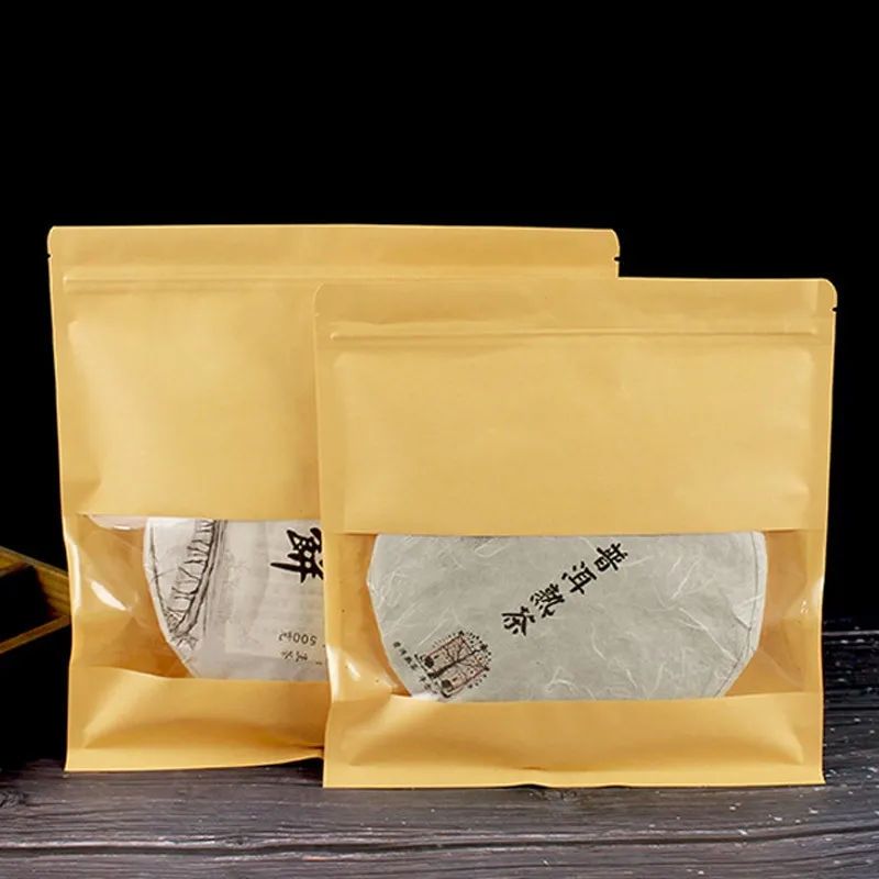 Empty Kraft Paper Storage Bag With Window for Puer Tea Cake Packaging Recyclable Sealing Bags Boutique LX6395