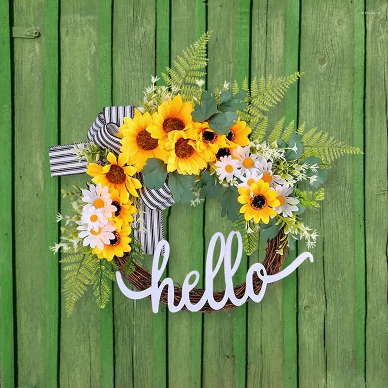 Guirlande de fleurs décoratives de tournesol artificielles, 17.7 pouces, fausse couronne esthétique en plastique pour vacances, fête de mariage