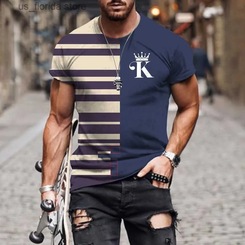 Men's T-Shirts Summer Mens Tshirt Letter K Fashion Strtwear Casual Short Slve Tops 3D Printed Striped Plaid Contrast Harajuku T Shirts Y240314