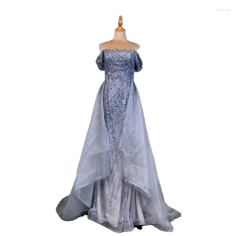 Party Dresses Blue Off Shoulder Modern Evening Dress 2024 Customized Beaded Over Skirt Elegant Gowns For Women