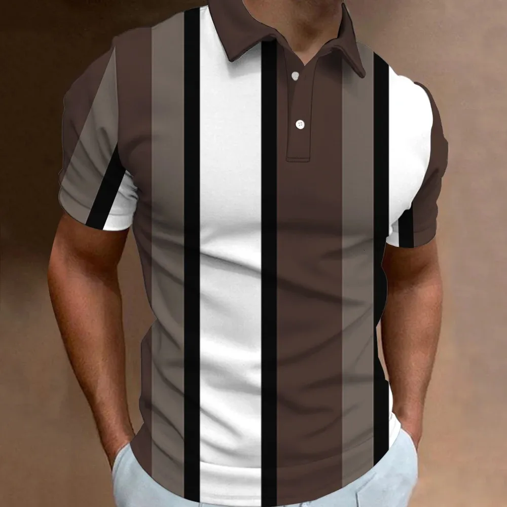 Polo para hombre Camisas de golf de moda Camisetas estampadas a cuadros en 3D Ropa de calle a rayas Ropa para hombres Blusa con botones de manga corta Top informal 240304