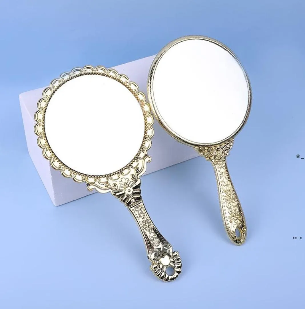 ニューハンドヘルドメイクアップミラーロマンチックなヴィンテージハンドホールドZerkalo Gilded Handle Oval Round Cosmetic Mirror Make Up Tool Dresser Gift2283202