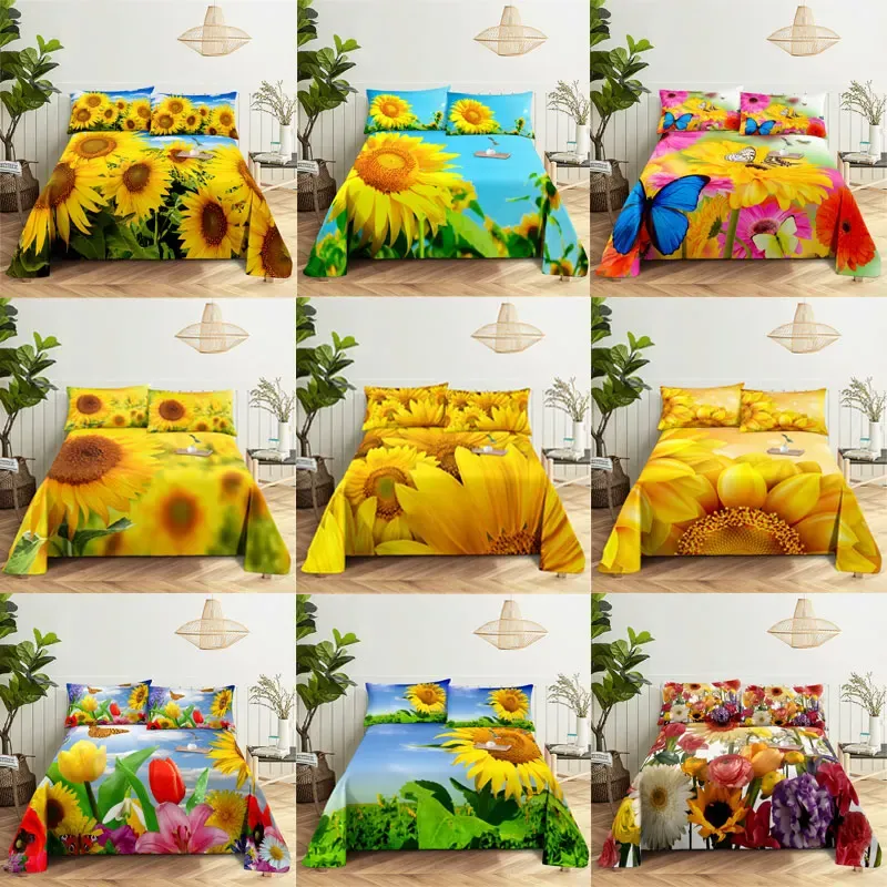 Set Sonnenblumen-Bouble-Bettlaken-Sets, Blumen-Bettlaken mit Kissenbezug, komplette Queen-Size-Einzelbetten, 2-teilig, 3-teilig, 3D-weicher, dünner Stoff für Zuhause