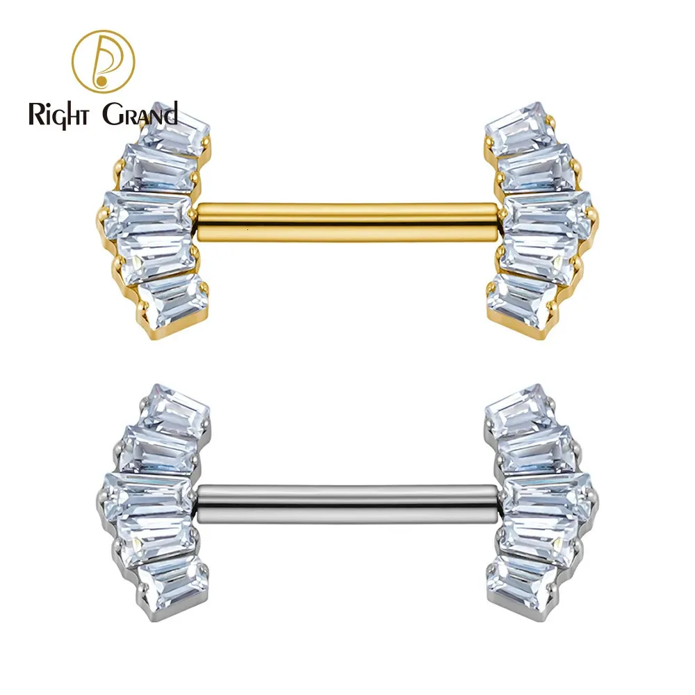 Rechter Grand ASTM 36 Threadless Push Pin Nipple Shield Barbell Ring mit 5Cluster Baguette CZ Crown Ends 240311