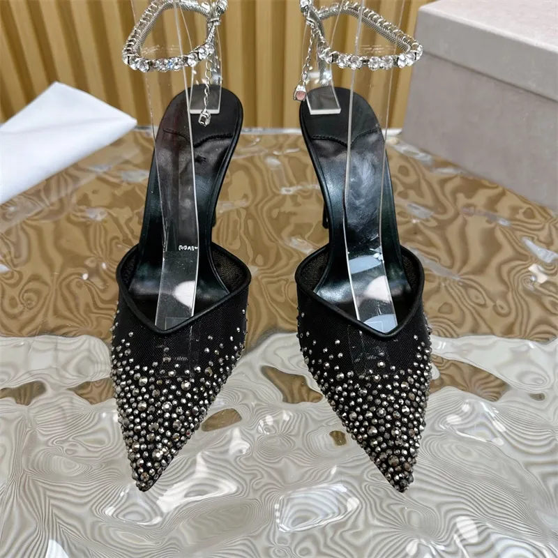 Designer high heels wedding shoes luxury rhinestones decorative women fashionable back hollowed out pointed dress metal square buckle sexy slim high heels sandals