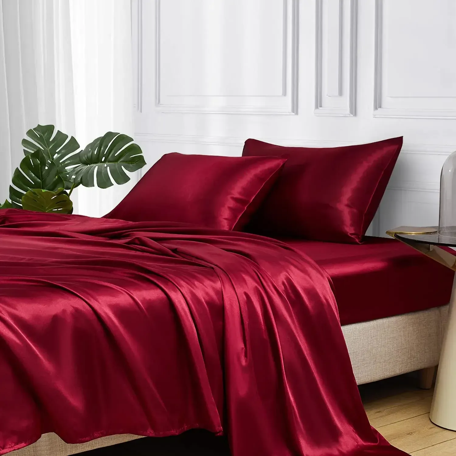 Set 3/4pcs Satin Fitted Bed Sheet Set,Solid Color Silk like Bedding Linen Set Twin Queen King Double Size Guesthouse Mattress Cover