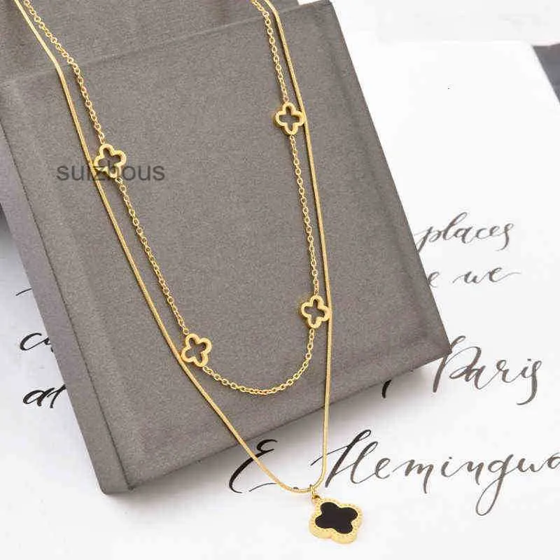 Designer ketting dubbel gelaagde klaver hanger goud roestvrij staal sieraden voor vrouwen cadeau