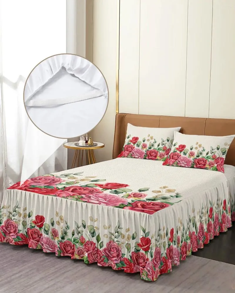 Jupe de lit avec fleurs de Rose et d'eucalyptus, couvre-lit élastique avec taies d'oreiller, housse de matelas, ensemble de literie, drap