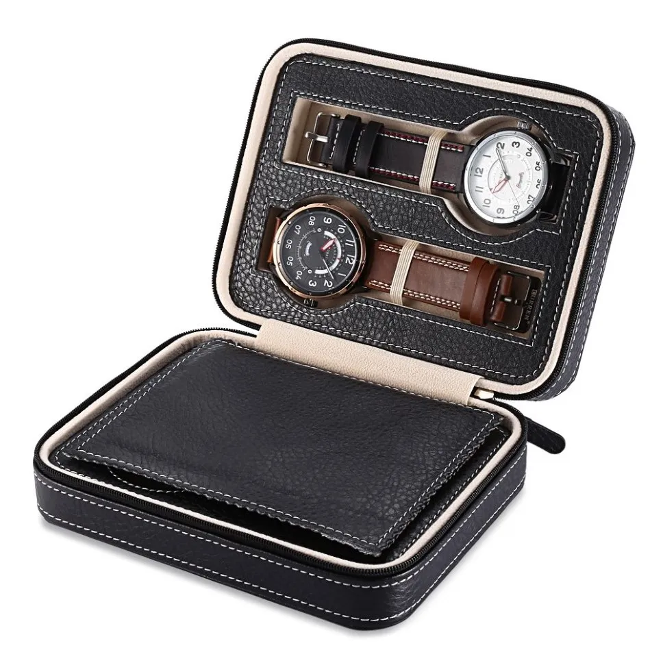 4 Grids PU Leather Watch Box Travel Storage Case Zipper Wristwatch Box Organizer Holder For Clock Watches Jewelry Boxes Display268G