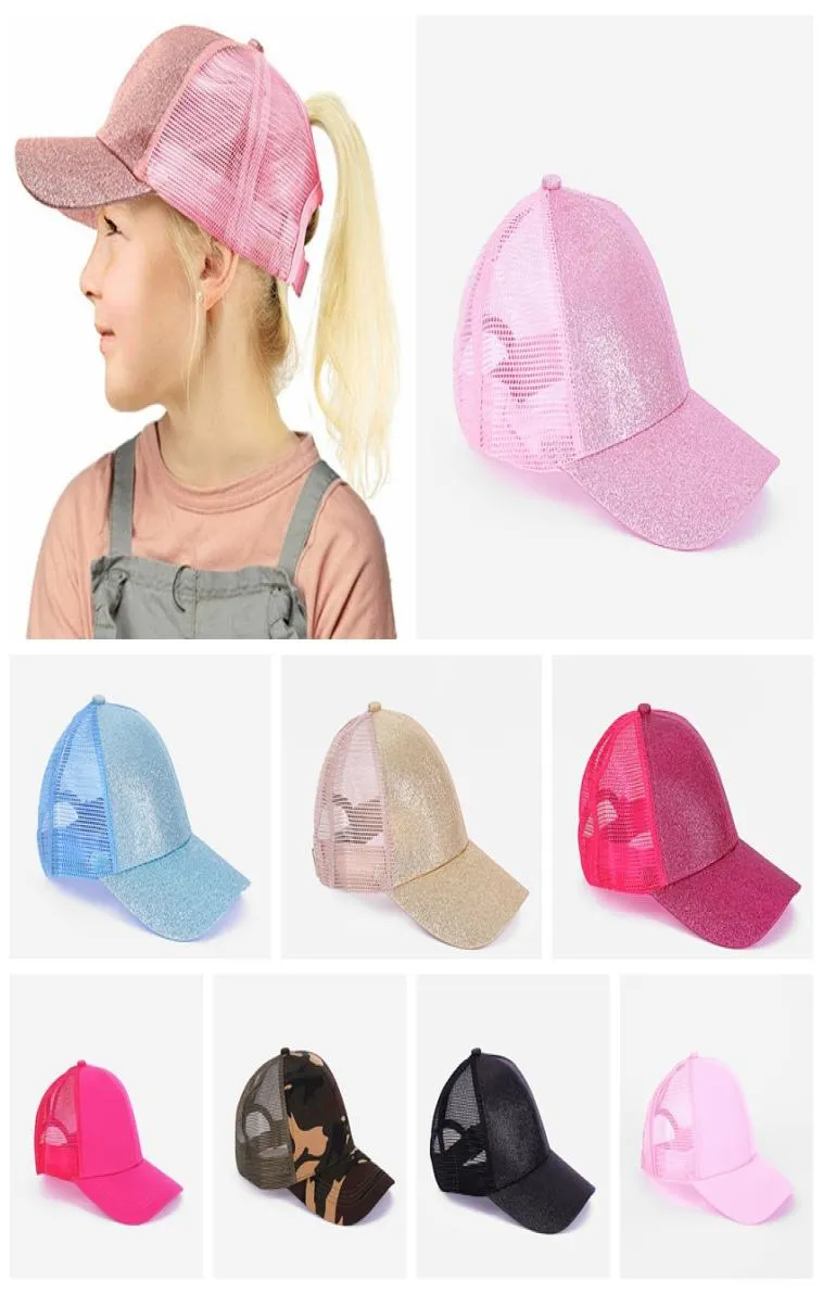 Dzieci Glitter Ponytail Baseball Caps Umyj bawełniane niechlujne bułki Hats Trucker Pony Cap Kapelusz czapki na zewnątrz snapback