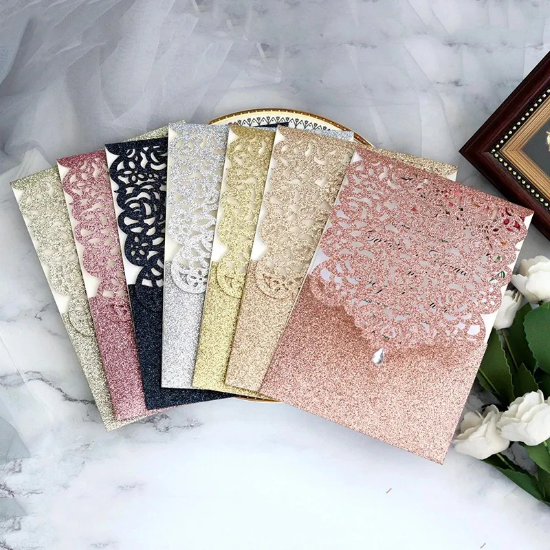 2550Pcs Glitter Paper Wedding Invitations Card Lace Diamond Pocket Greeting Card Custom Print Birthday Mariage Party Decoration 240301