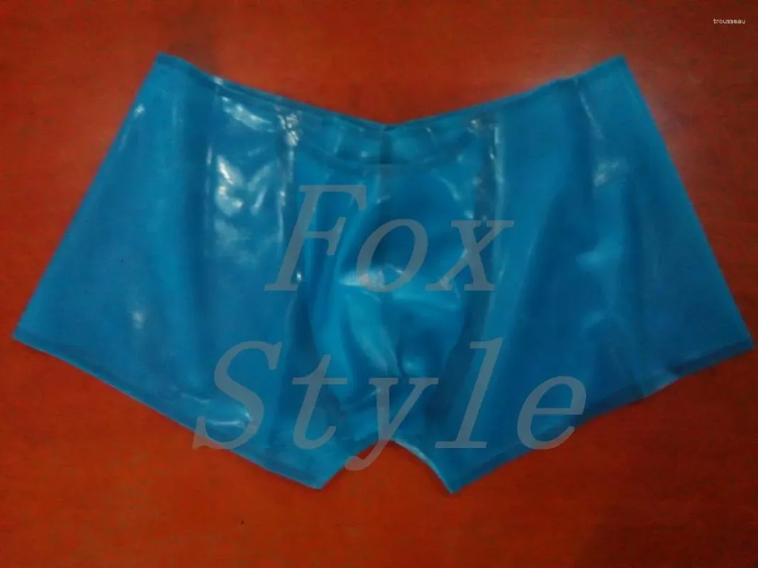 Cuecas !Shorts sexy de látex com bolso frontal para homens em azul transparente