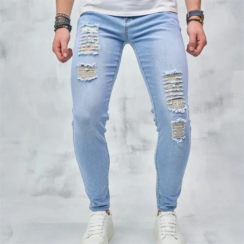 Streetwear Stylish Risted Curne Chudy Ołówek dżinsy męskie Hip Hopy Rozciąganie dżinsowe spodnie dla mężczyzn 240311