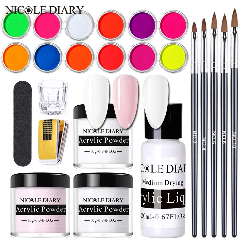 Kits Nicole Diary Nail Acrylique Poudre Liquide Brosse Ensemble Nail Art Manucure Kit Cristal Ongles Paillettes 3d Ongles Conseils Sculpture Outil D'extension