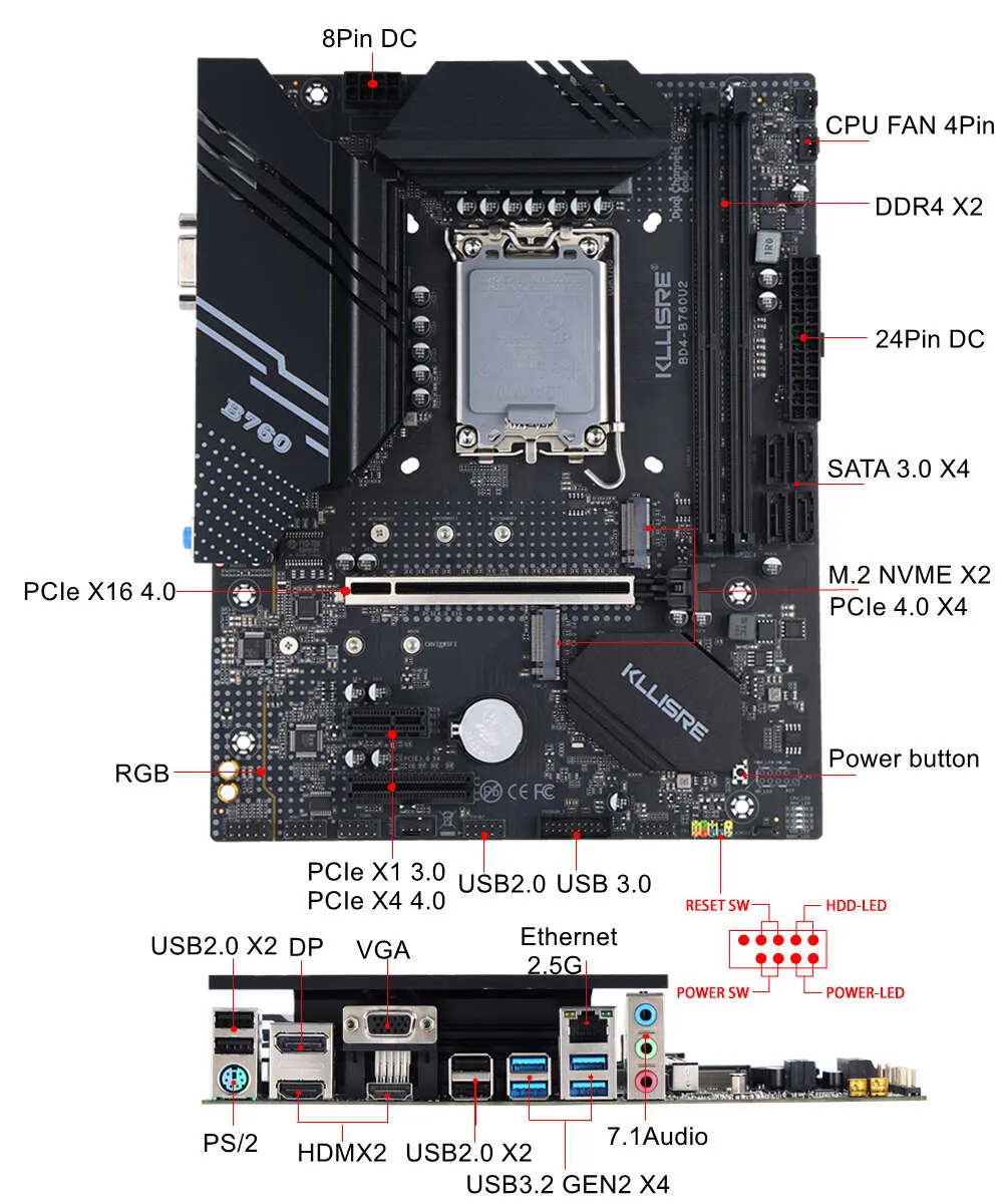 Kllisre B760 KIT CORE I5 12400F 2*16GB = 32GB Memory من