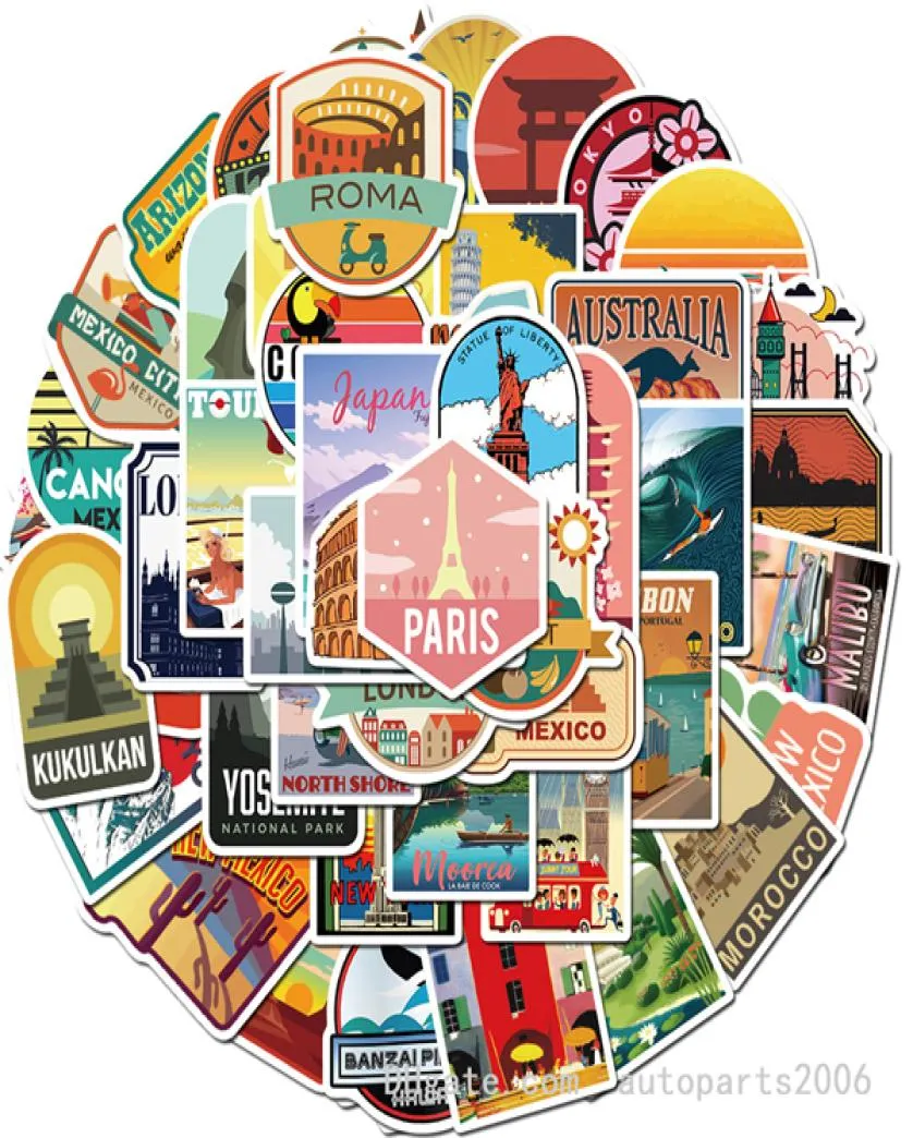 Car stickers50pcsLot City building stickers Travel Outdoor Adventure Doodle Cartoon Mixed Stickers Decals For Guitar Sticker6743632
