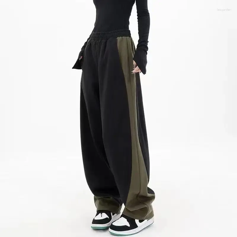 여성용 바지 Y2K American Splicing Color Contrast Haren 2024 스웨트 팬츠 속옷 드레이핑 캐주얼 스트레이트 다리 와이드 바나나
