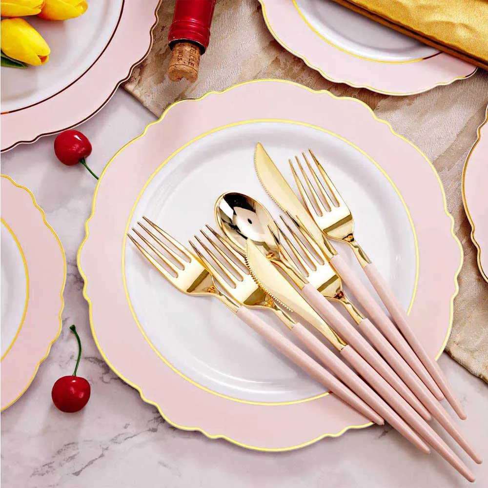 Disposable Tableware Pink Green Plastic Plate With Gold Edge Suitable for High-end Wedding Mother's Day Party Supplies 210909