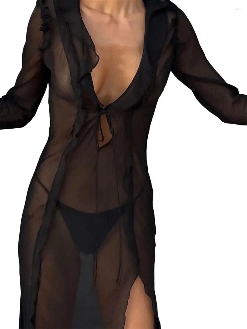 Robes décontractées Femmes Sexy Sheer Mesh Robe moulante à manches longues Col V Voir à travers la dentelle Maxi Patchwork Beach Party Wear