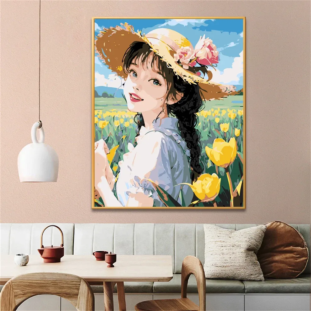 Картина по номерам для взрослых Девушка в соломенной шляпе в поле тюльпанов Холст Масляная краска по номерам Домашний декор