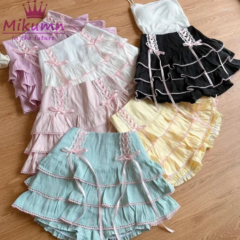 Saias Mikumn Japonês Harajuku Meninas Kawaii Lace Plissado Mulheres Cintura Alta Arco Lace-up Fada Y2K Estética Bonito Bolo Mini