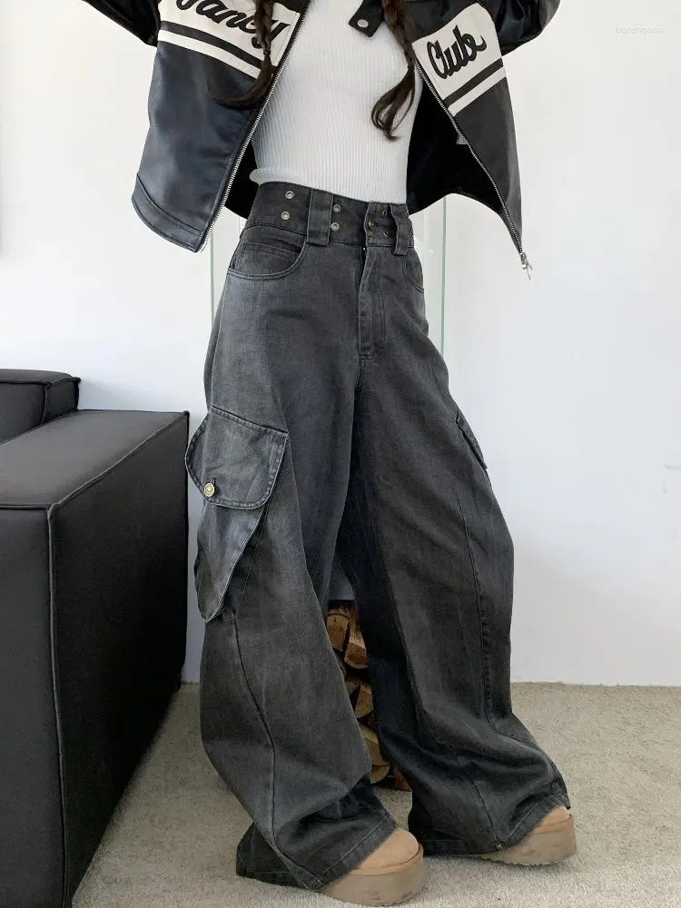 Kvinnors jeans kvinnor grå gotisk baggy last vintage 90 -tal estetik y2k denim byxor harajuku hög midja cowboy byxor 2000 -tal kläder 2024