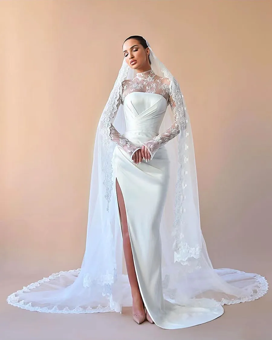 Laço sereia vestidos de casamento cetim apliques bordado vestido de festa de noiva manga longa alta divisão lateral vestidos de noiva formais